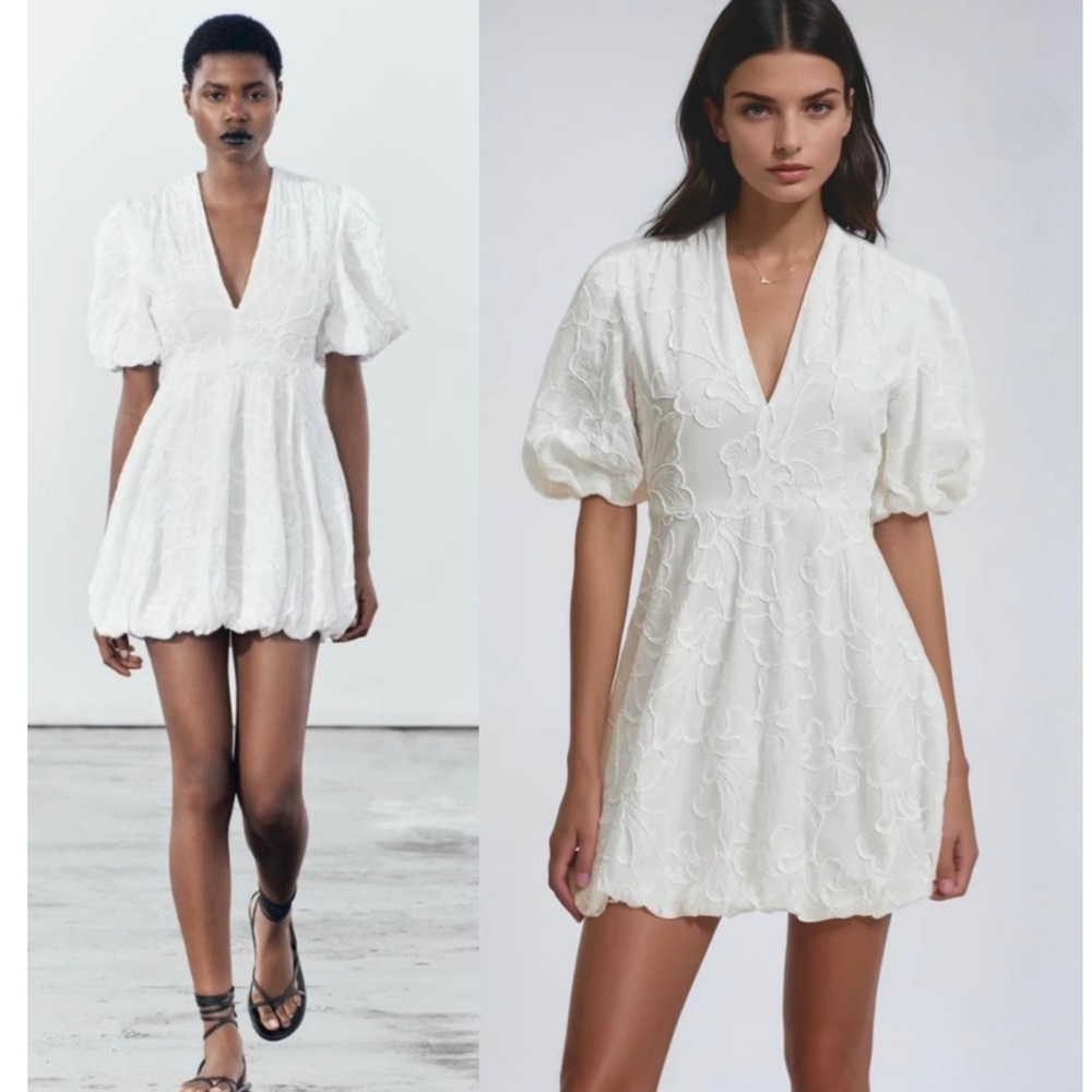 Christian Lacroix Floral Embroidery V Neck Puff Sleeve Bubble Hem Mini Dress - Picture 7 of 16
